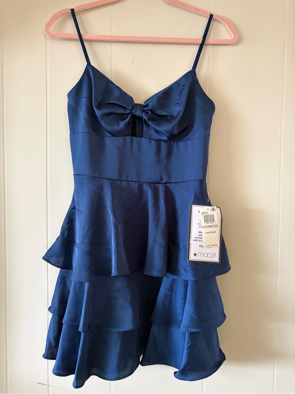 B Darlin Navy Blue Tiered Bow-Front Spaghetti Strap Dress Junior